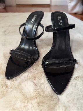 BEBO Black Patent Two-Strap Pointed Toe Mules - never worn